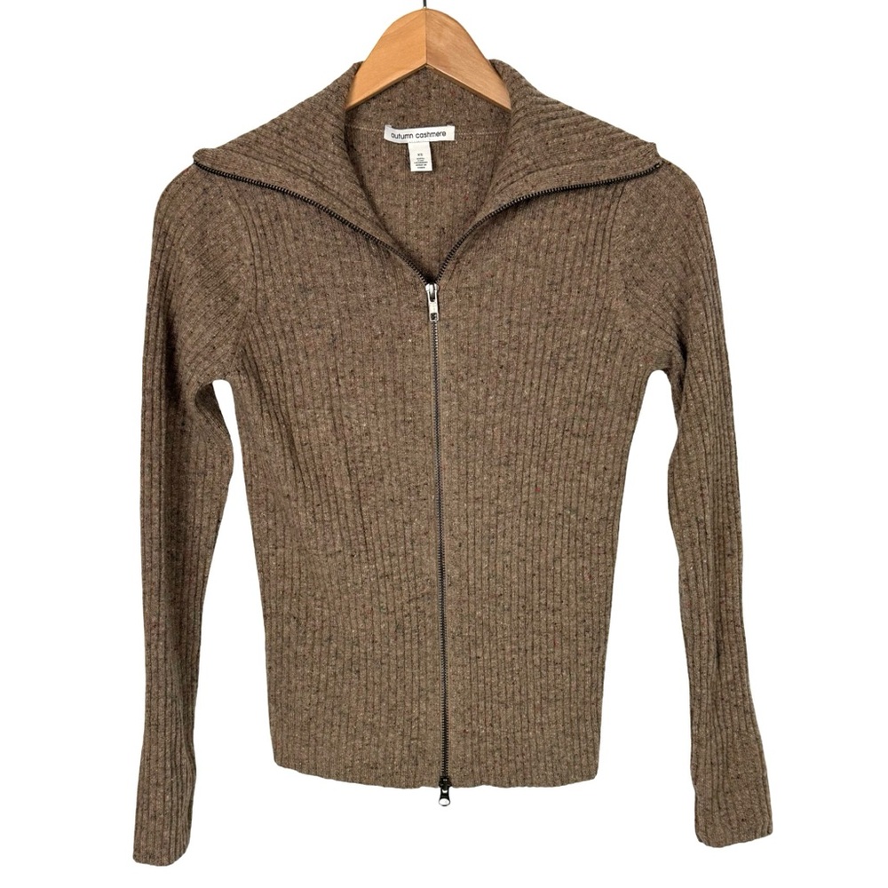 Autumn Cashmere Ribbed Zip Front Lay Back Collar Cardigan Brownie Size XS EUC - Picture 2 of 7
